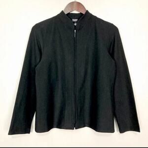 Eileen Fisher Mandarin Stand Collar Ribbed Zip Jacket Sweater Minimalist Medium